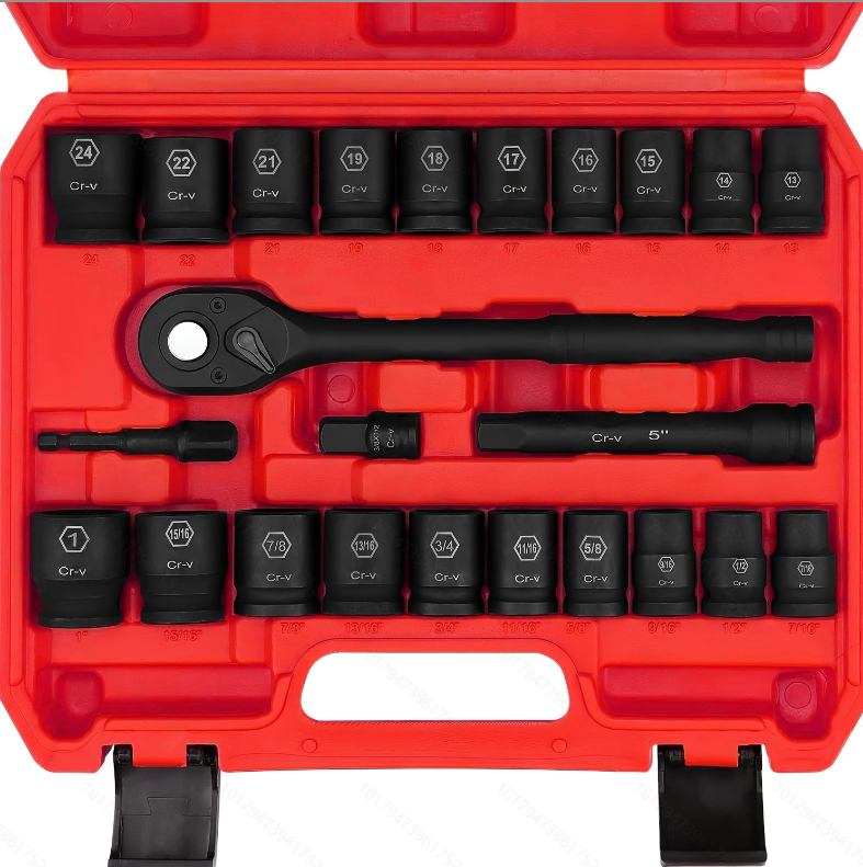 1/2″ Drive Impact Socket Set, 24-Piece Shallow Standard SAE (7/16″-1″) and Metric (13-24mm) Size, 6 Point, Cr-V, with 1/2-Inch Drive Ratchet Handle, Drive Extension Bar