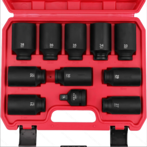 1/2 Drive Deep Impact Socket Set, 11-Piece Metric Size Wheel Axle Nut Wrench Sockets Set, Jumbo Metric 6 Point Sockets with 3/4 to 1/2 Adapter, CR-MO, (27mm-38mm), Spindle Joint High Torque Truck Bearing Locknut