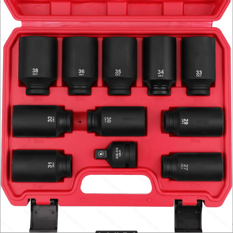 1/2 Drive Deep Impact Socket Set, 11-Piece Metric Size Wheel Axle Nut Wrench Sockets Set, Jumbo Metric 6 Point Sockets with 3/4 to 1/2 Adapter, CR-MO, (27mm-38mm), Spindle Joint High Torque Truck Bearing Locknut