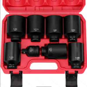 SAE Deep Impact Socket Set 8-Piece 1/2-inch Drive Wheel Axle Nut Wrench Large Sockets Standard Adapter 1-11/16 1-9/16 1-3/8 1-7/16 1-1/2 1-5/8 1-3/4 Imperial Spindle Joint Torque Bearing Locknut Truck