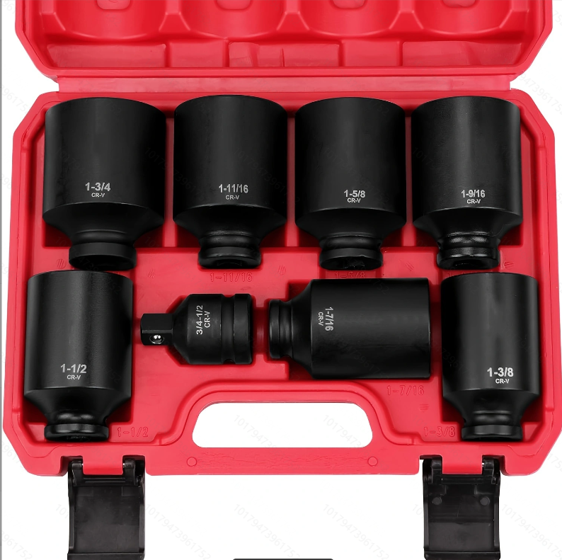 SAE Deep Impact Socket Set 8-Piece 1/2-inch Drive Wheel Axle Nut Wrench Large Sockets Standard Adapter 1-11/16 1-9/16 1-3/8 1-7/16 1-1/2 1-5/8 1-3/4 Imperial Spindle Joint Torque Bearing Locknut Truck