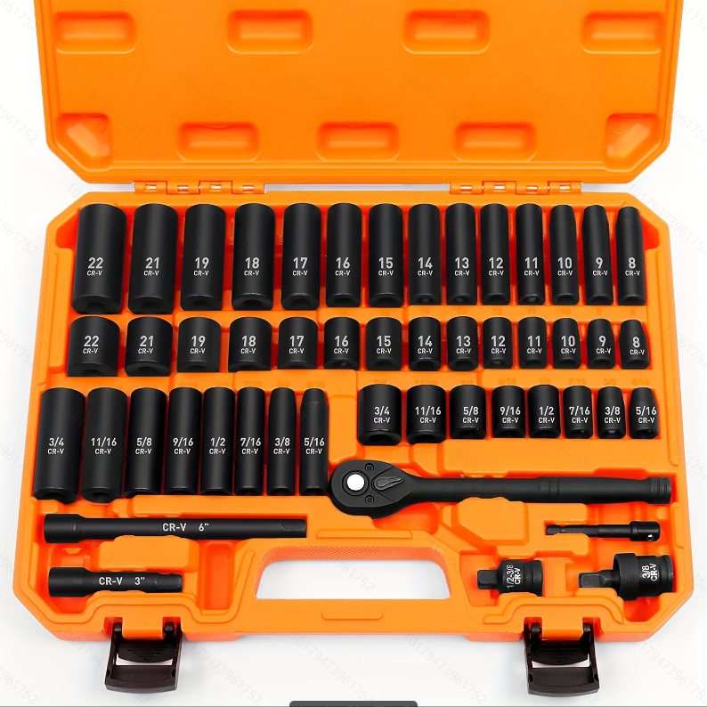 50-Piece Standard SAE (5/16 to 3/4 inch) and Metric (8-22mm) Size Cr-V 3/8-Inch Drive Ratchet Handle Drive Extension Bar 3/8″ Drive Impact Socket Set