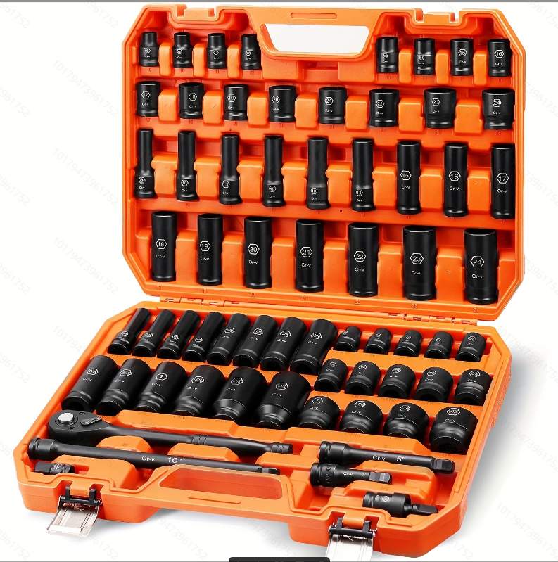 1/2″ Drive Impact Socket Set, 66-Piece Standard SAE (3/8″-1-1/4″) and Metric (8-24mm) Size, 6 Point, Cr-V, 1/2-Inch Drive Ratchet Handle, Drive Extension Bar, Impact Universal Joint
