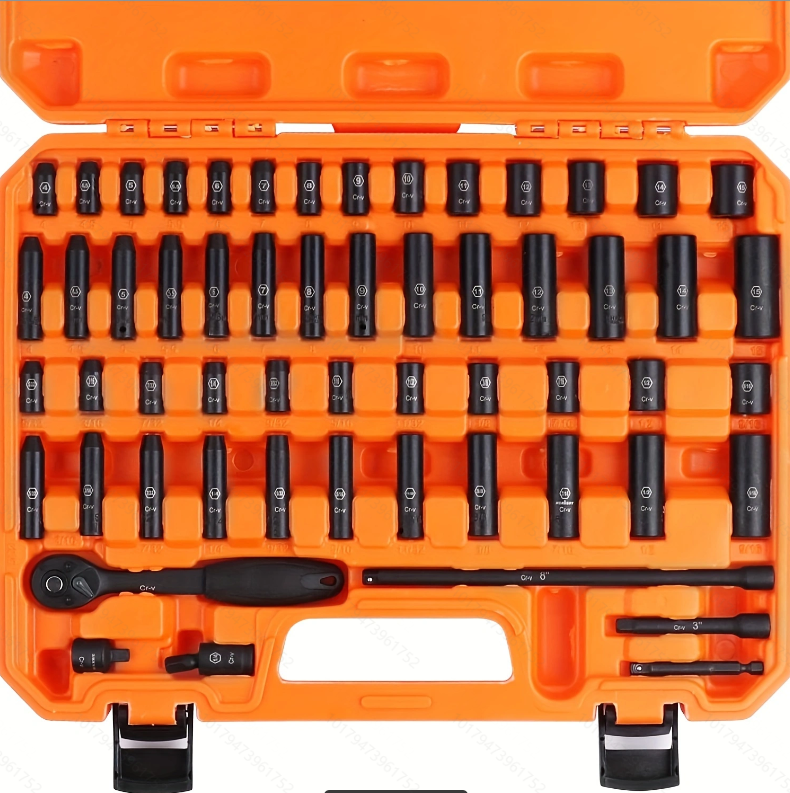 1/4″ Drive Impact Socket Set, 56-Piece Standard SAE (5/32 to 9/16 inch) and Metric (4-15mm) Size, 6 Point, Cr-V, 1/4-Inch Drive Ratchet Handle, Drive Extension Bar, Impact Universal Joint