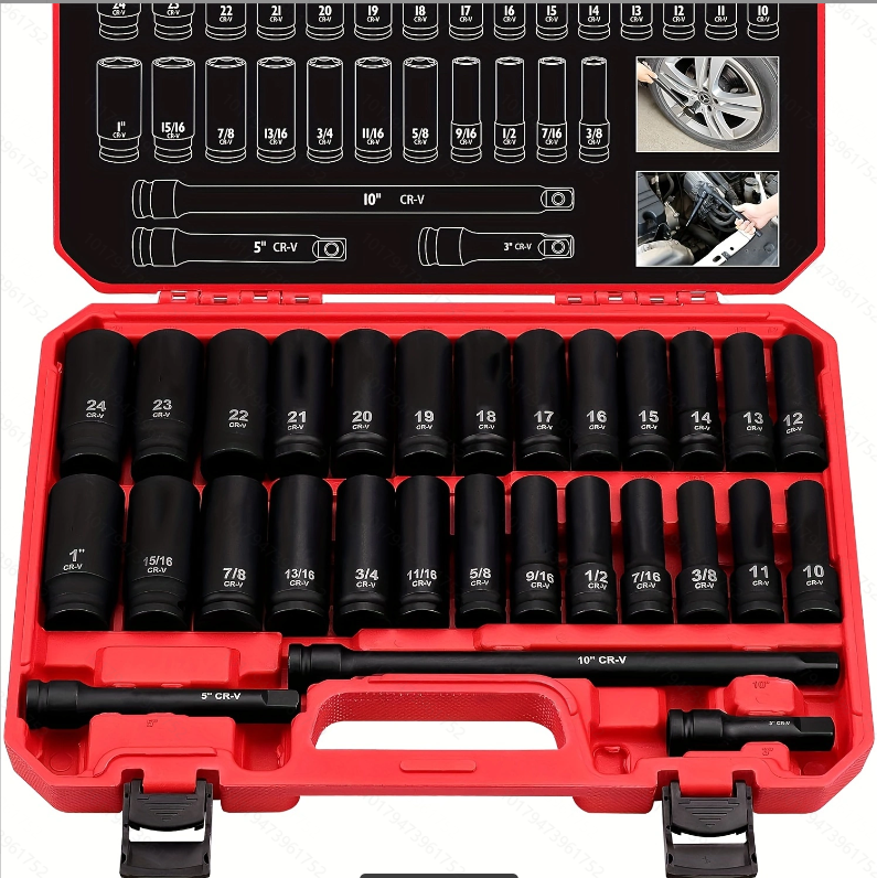 29-Piece 1/2″ Drive SAE and Metric Impact Socket Set with Extension Bars – CR-V Material